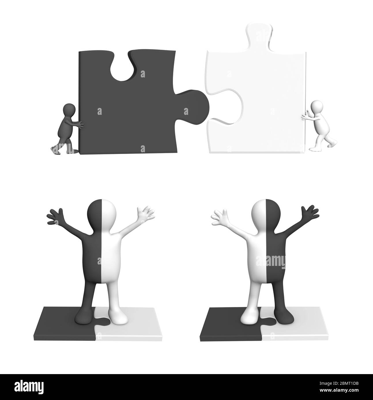 Erfolg des Teamwork-Konzepts. Zwei Menschen verbinden Teile des Puzzles der schwarzen und weißen Farben, 3d Mann von zwei Farben steht auf der verbundenen häufigen j Stockfoto