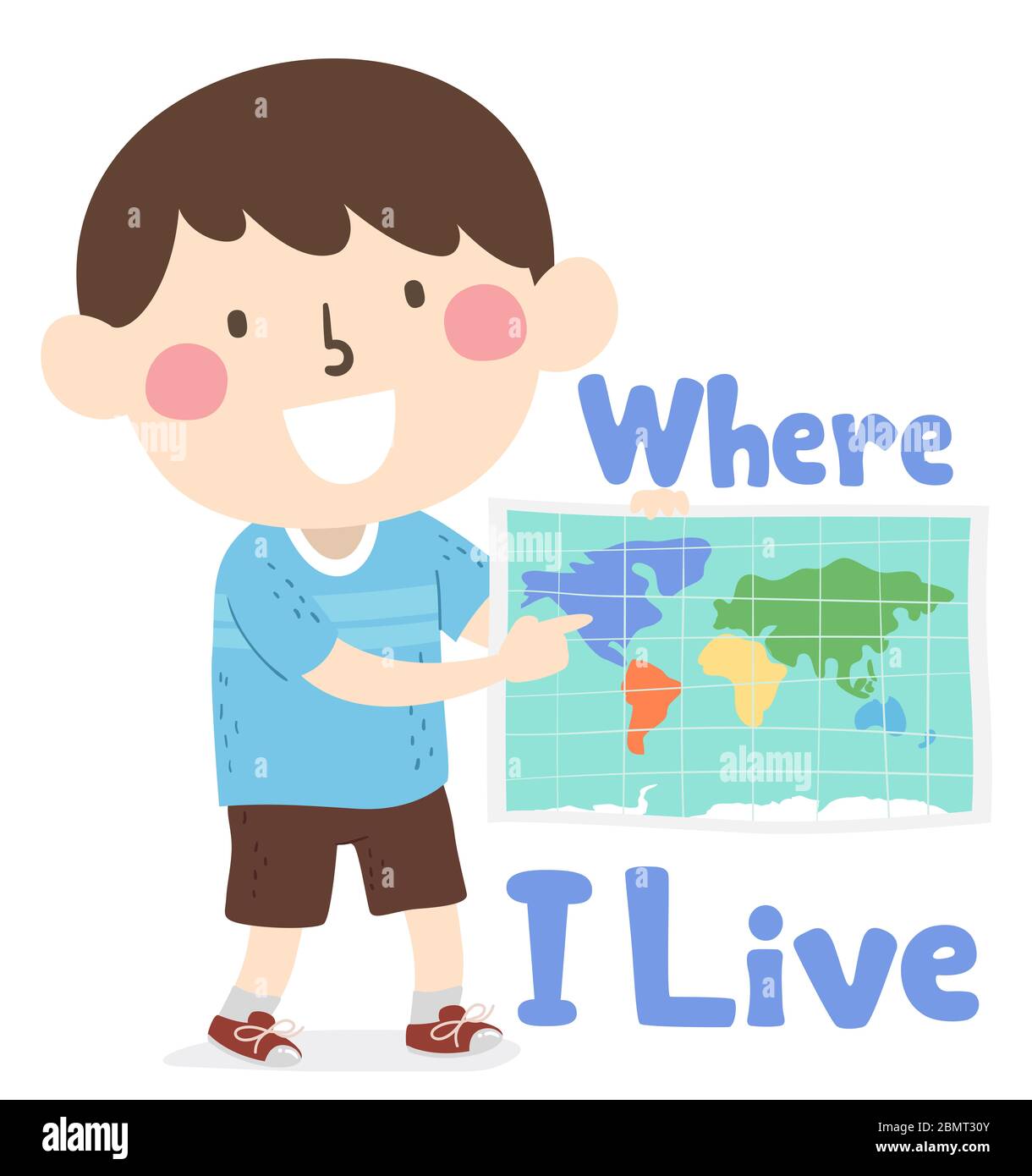 Illustration eines Kid Boy mit einer Karte und zeigt auf den Ort, den er lebt Stockfoto
