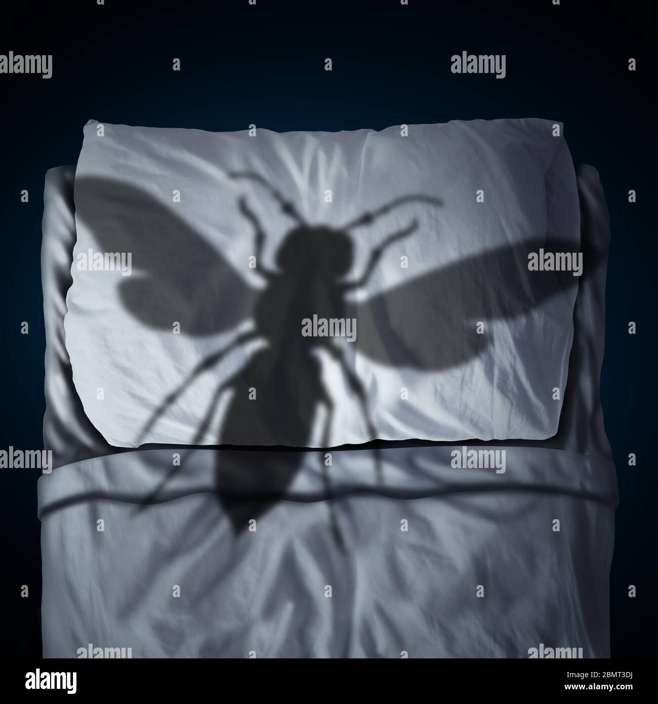 Angst vor Insekten Psychologie Konzept als Insektenphobie oder Entomophobie als riesige Hornisse werfen Schatten auf ein Kissen und Bett als Angst Metapher. Stockfoto