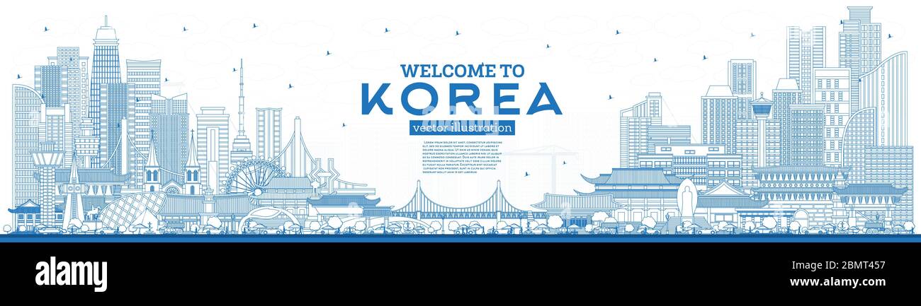 Outline Willkommen in der Skyline von Südkorea mit blauen Gebäuden. Vektorgrafik. Tourismuskonzept mit historischer Architektur. Stock Vektor