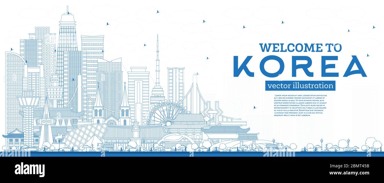 Outline Willkommen in der Skyline von Südkorea mit blauen Gebäuden. Vektorgrafik. Tourismuskonzept mit historischer Architektur. S Stock Vektor