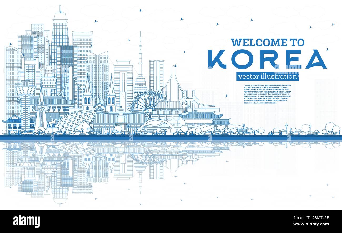 Outline Willkommen in Südkorea City Skyline mit blauen Gebäuden und Reflexionen. Vektorgrafik. Tourismuskonzept mit historischer Architektur. Stock Vektor