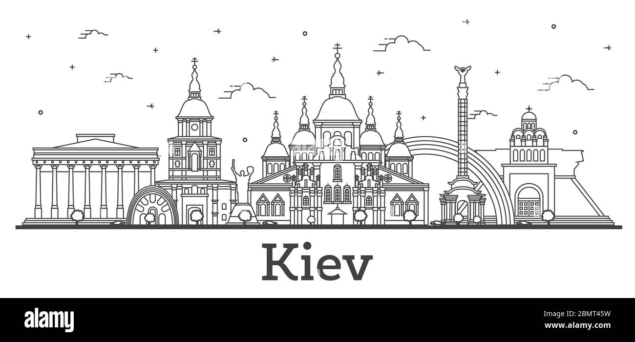 Skizzieren Kiew Ukraine City Skyline mit historischen Gebäuden isoliert auf Weiß. Vektorgrafik. Kiewer Stadtbild mit Wahrzeichen. Stock Vektor