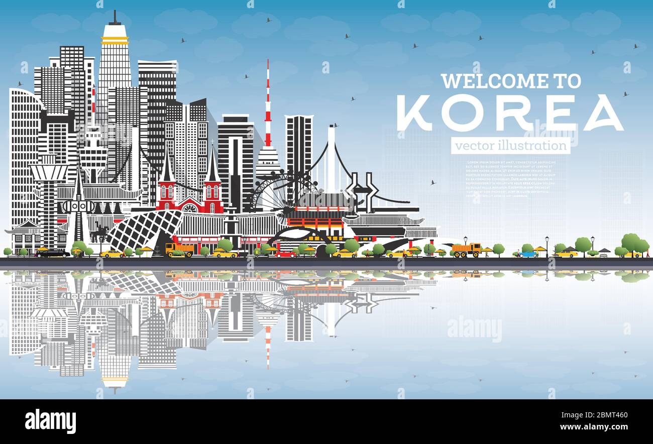 Willkommen in der Skyline von Südkorea mit grauen Gebäuden, blauem Himmel und Reflexionen. Vektorgrafik. Tourismuskonzept mit historischer Architektur. Stock Vektor