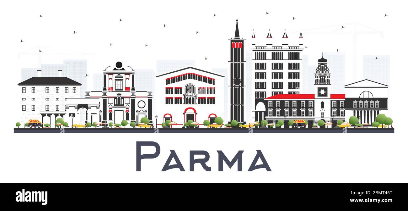 Parma Italien Stadt Skyline mit farbigen Gebäuden isoliert auf Weiß. Vektorgrafik. Stock Vektor