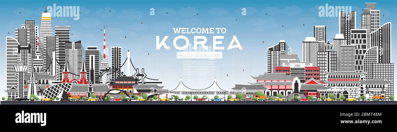 Willkommen in Südkorea City Skyline mit grauen Gebäuden und Blue Sky. Vektorgrafik. Tourismuskonzept mit historischer Architektur. Stock Vektor