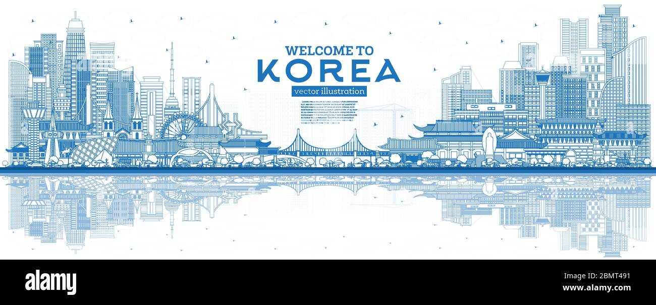 Outline Willkommen in Südkorea City Skyline mit blauen Gebäuden und Reflexionen. Vektorgrafik. Tourismuskonzept mit historischer Architektur. Stock Vektor