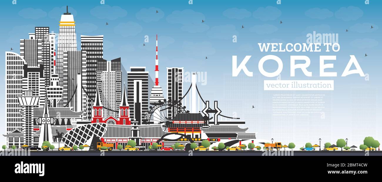 Willkommen in Südkorea City Skyline mit grauen Gebäuden und Blue Sky. Vektorgrafik. Tourismuskonzept mit historischer Architektur. Stock Vektor