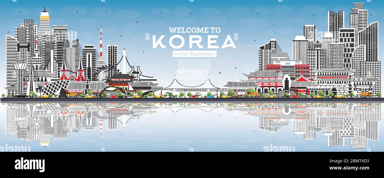 Willkommen in der Skyline von Südkorea mit grauen Gebäuden, blauem Himmel und Reflexionen. Vektorgrafik. Tourismuskonzept mit historischer Architektur. Stock Vektor