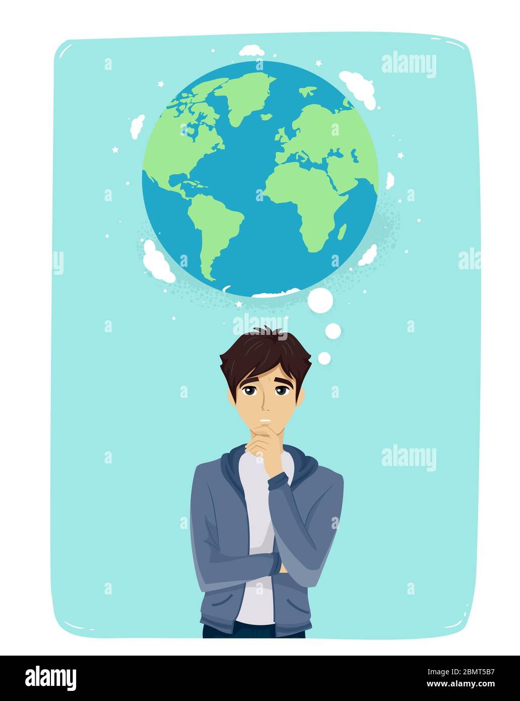 Illustration eines Teenage Guy mit Hand auf Chin und Denken über die Erde Stockfoto