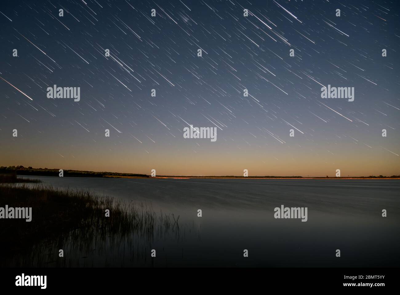 Schöner Blick auf den Nachthimmel mit Sternen in Form von Spuren über dem See und Gras im Wasser im Vordergrund Stockfoto