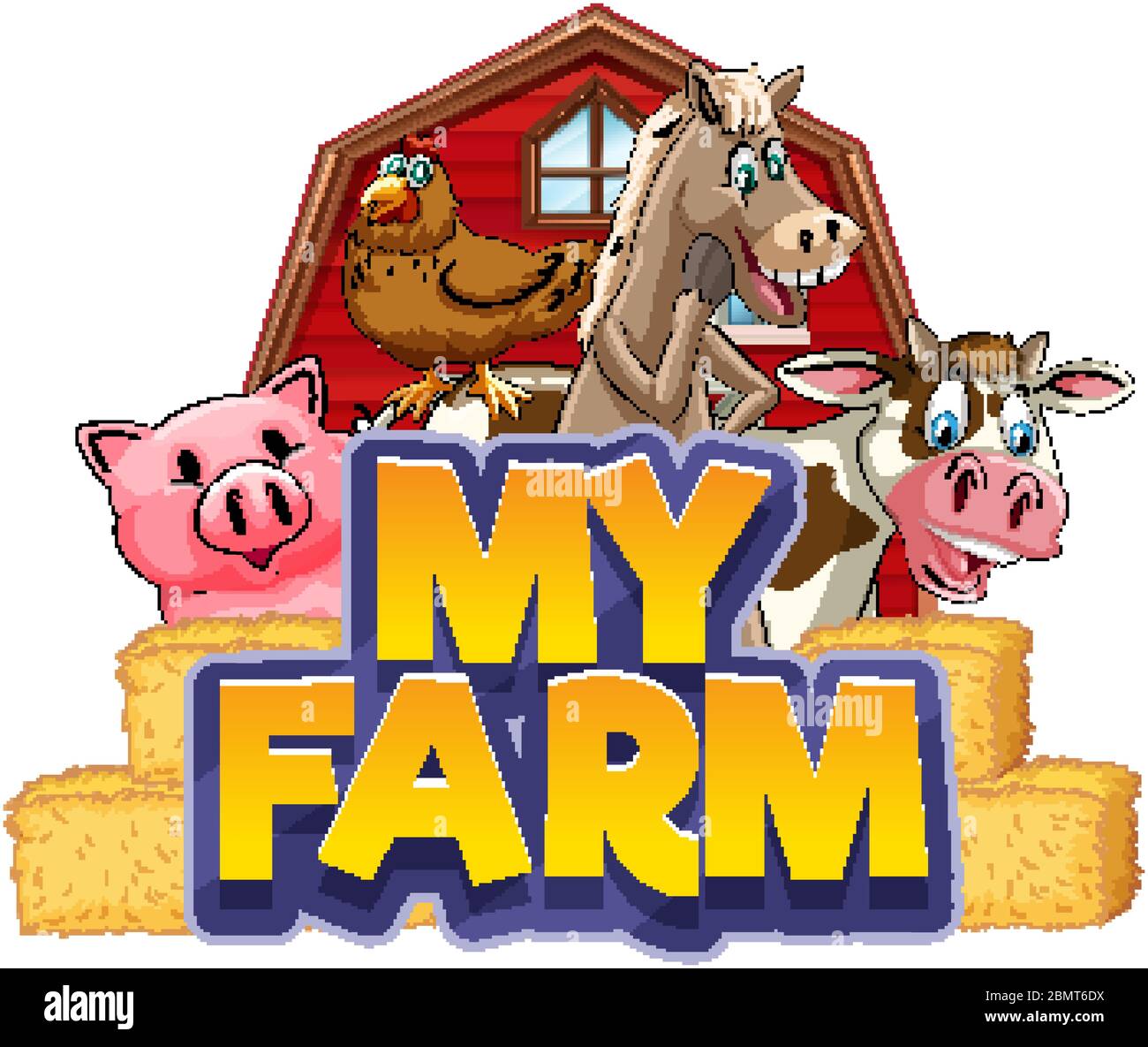 Schriftdesign für "Word my Farm" mit vielen Tieren Illustration Stock Vektor