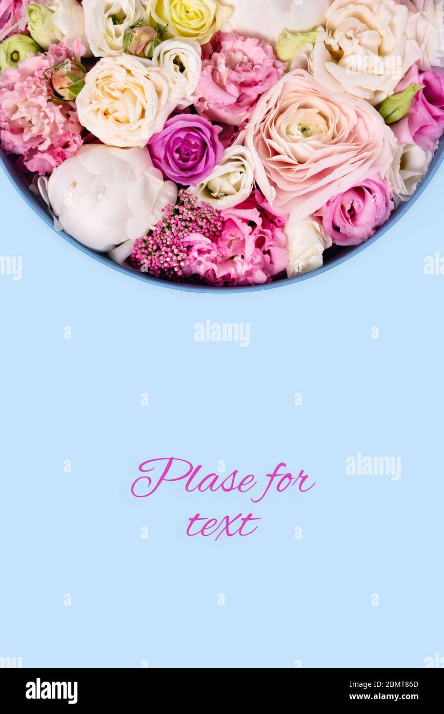 Blauer Hintergrund mit Hut-Box und Blumen. Vertikales Flachbild. Stockfoto