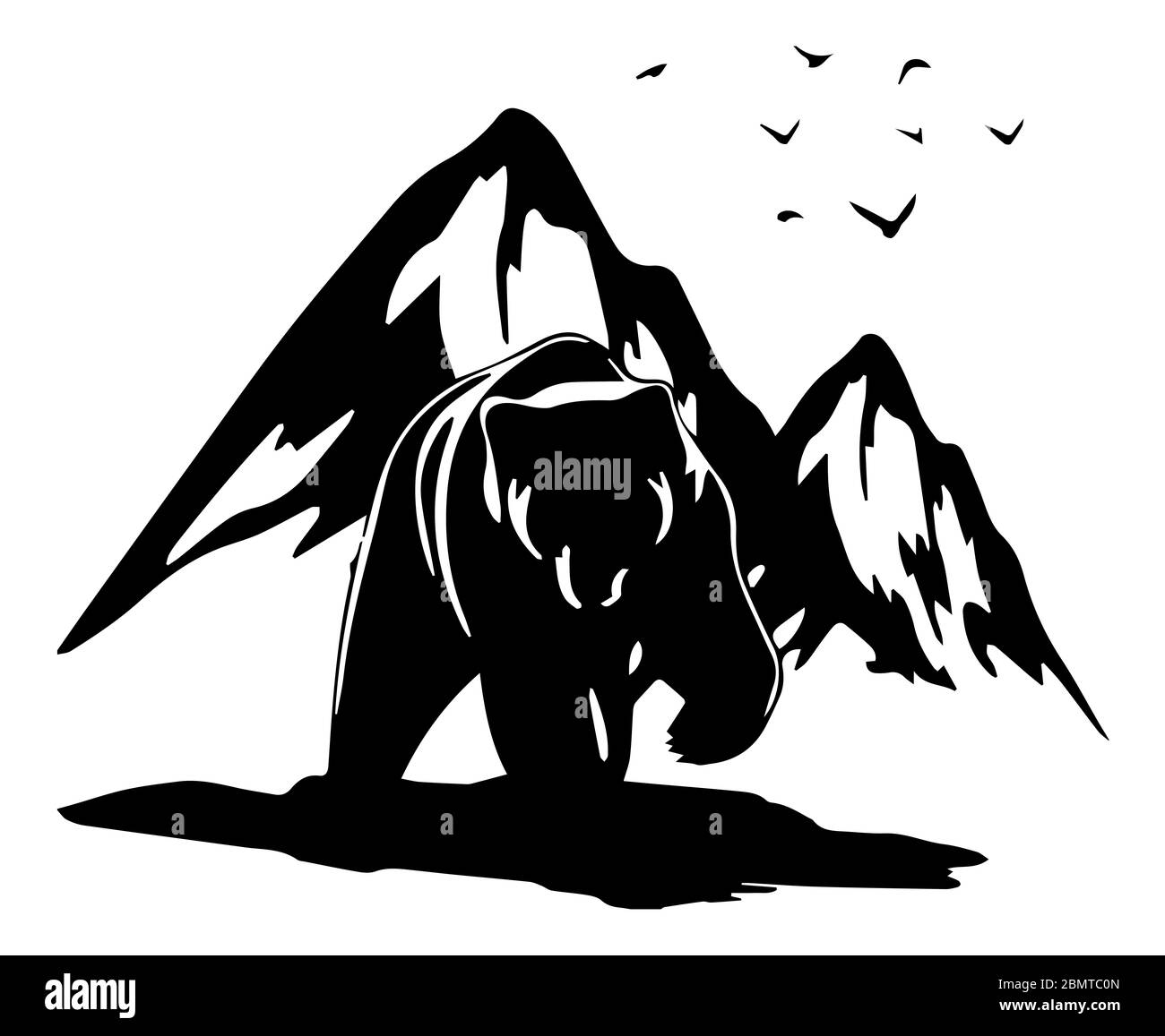 Bär Silhouette Weißer Hintergrund, Berg Hinter, Vögel Im Himmel Stockfoto