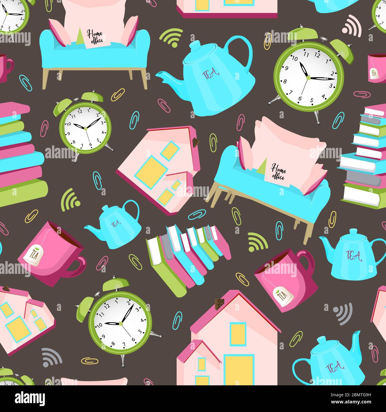 Nahtloses Vektormuster. Home Artikel. Gemütliches Haus, Haus Verbesserung. Wasserkocher und Tasse, Wecker und Bücher. Bleib zu Hause Stock Vektor
