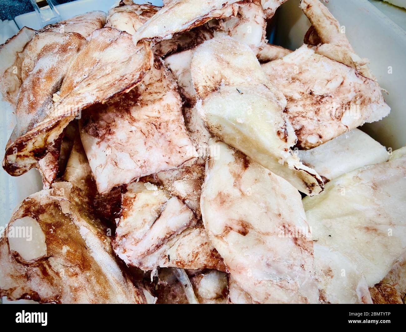 Fisch, Meeresfrüchte und Fisch Halbzeuge. Supermarkt. Handy-Foto Stockfoto