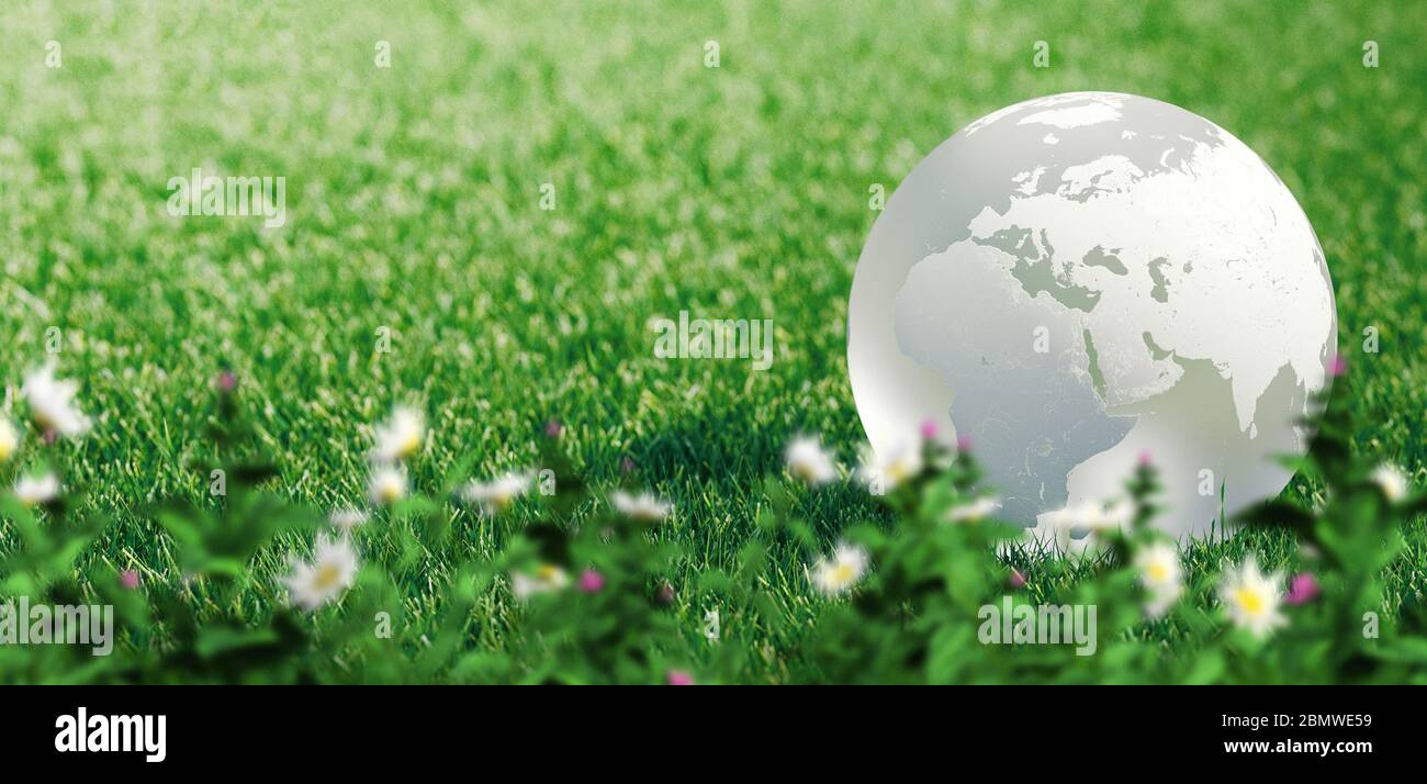 Glaskugel oder Erde in grünem Gras zeigt Öko-Konzept mit Copyspace, 3d-Rendering Stockfoto