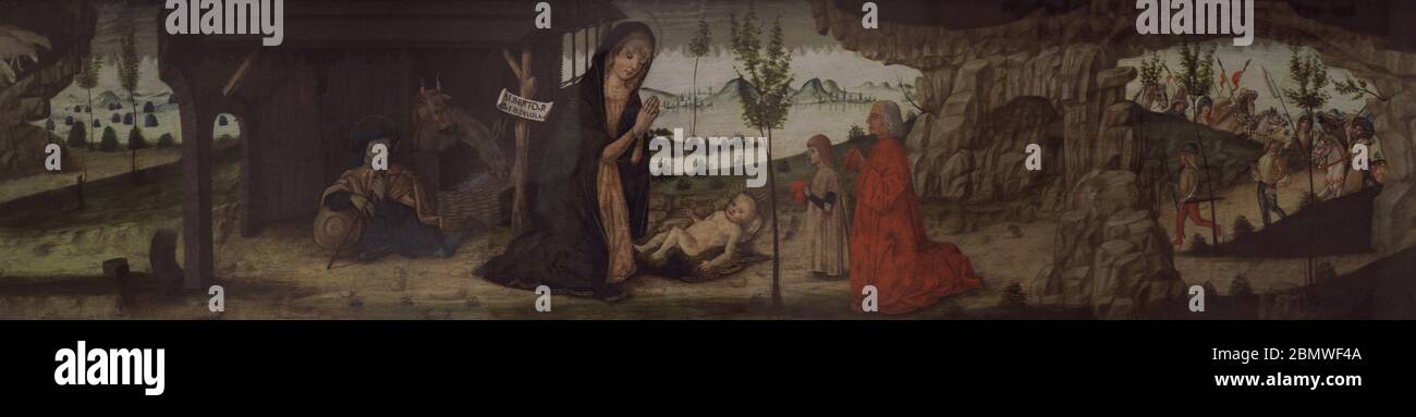 Meister Alberto (ca. 1450). Die Geburt mit anderen Szenen. Es zeigt drei Szenen im Zusammenhang mit der Geburt Christi.Tempera auf Holz. Nationalmuseum der Schönen Künste Valletta. Malta. Stockfoto