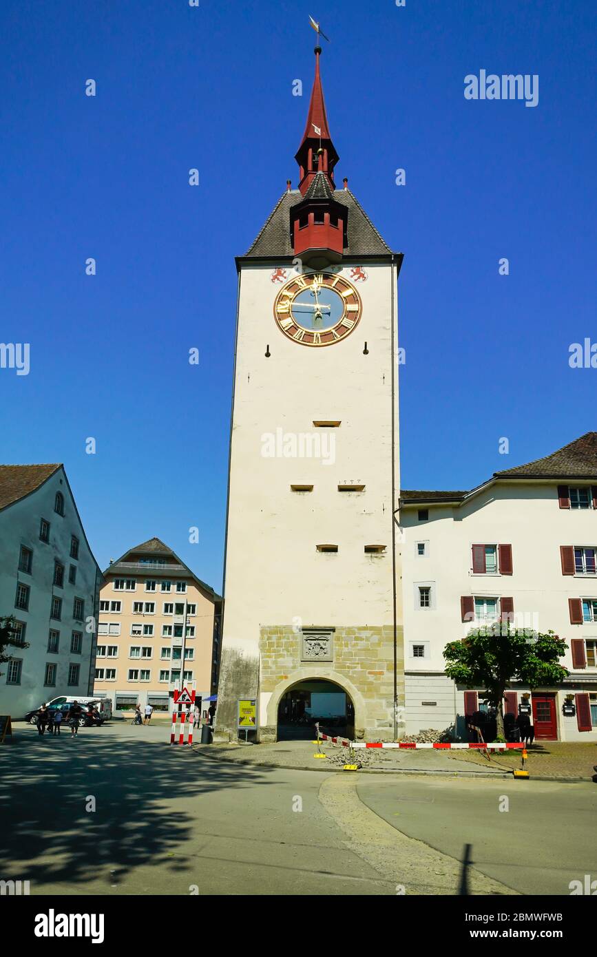Monumentaler Spittelturm in der Altstadt Bremgarten, Kanton Aargau, Swirzerland. Stockfoto