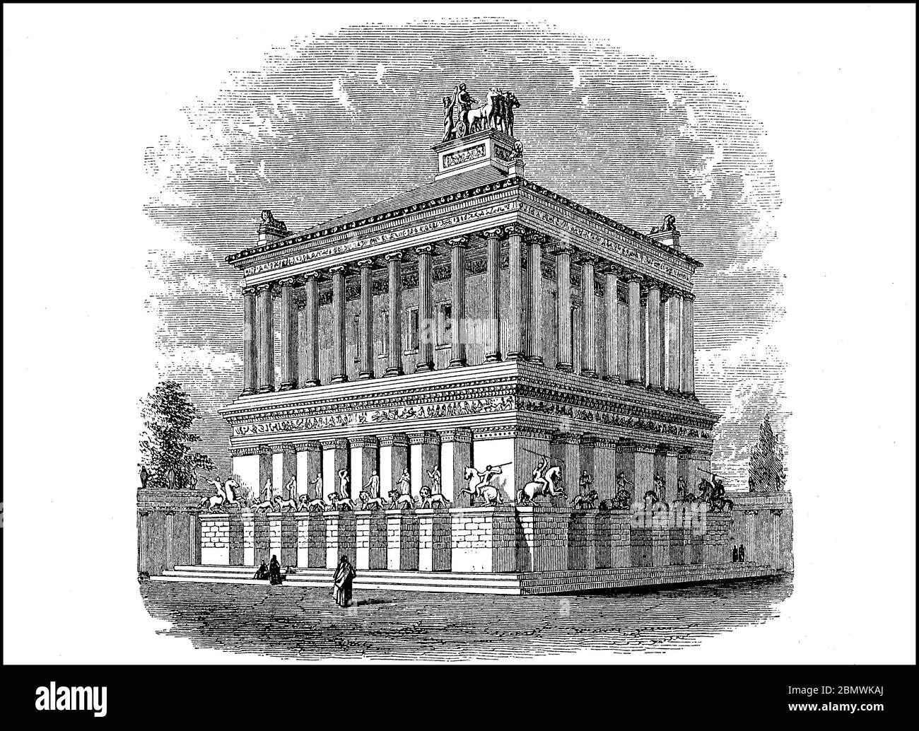 Das Mausoleum bei Halicarnassus oder kurz-Mausolleion war das prächtige Grab von Mussolos, ein kleiner König von Karia und persischen Satraps, v. Chr., gelegen in der alten griechischen Stadt Halicarnassus, Bodrum, an der Südwestküste der modernen Türkei. Das Mausoleum war eines der sieben Wunder des antiken / das Mausoleum von Halikarnassos oder kurz Mausolleion war das prachtvolle Grabmal von Maussolos, einem Kleinkönig von Karien und persischen Satrapen, v. Chr., gelegen in der antiken griechischen Stadt Halikarnassos, Bodrum, an der Südwestküste der heutigen Türkei. Das Mausoleum gehört zu den S. Stockfoto