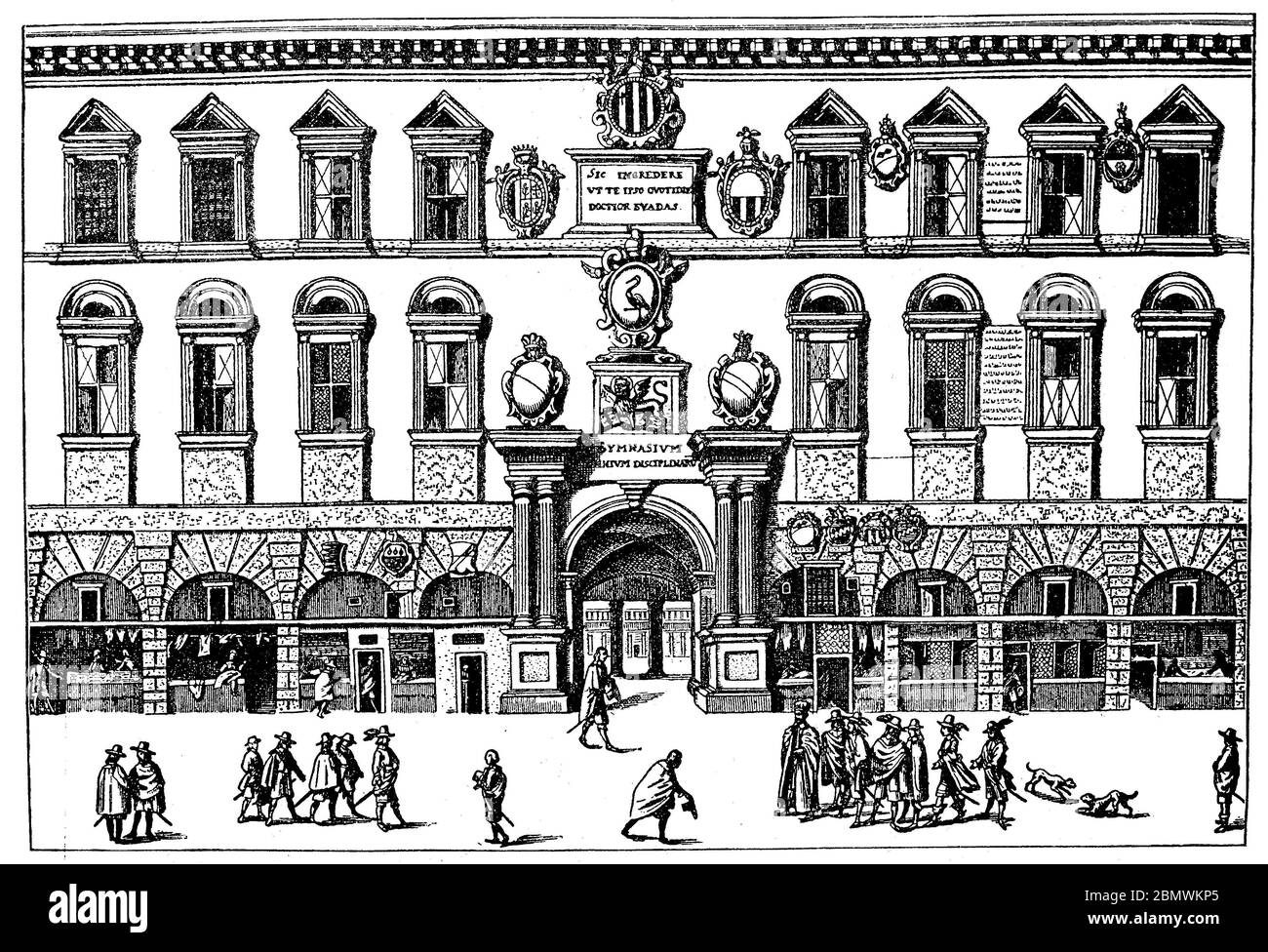 Fassade der Universität Padua, Italien, Ca 1630 / Fassade der Universität in Padua, Italien, Ca 1630, Historisch, historisch, digital verbesserte Reproduktion eines Originals aus dem 19. Jahrhundert / Digitale Reproduktion einer Originalvorlage aus dem 19. Jahrhundert, Stockfoto