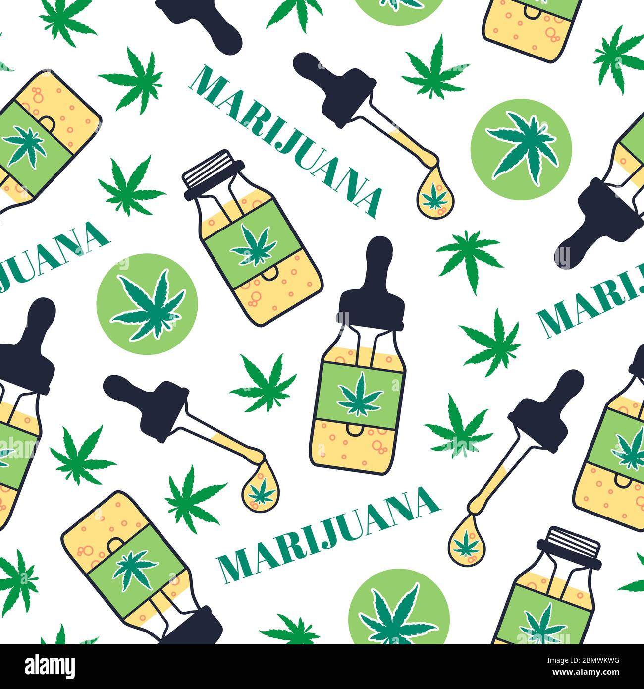 Marjuana Öl nahtlose Muster. Tropfflasche mit Pipette und Tropfen Hanföl. Haschisch-Cannabisöl. Vektor Illustration Textur auf weißem Hintergrund Stock Vektor