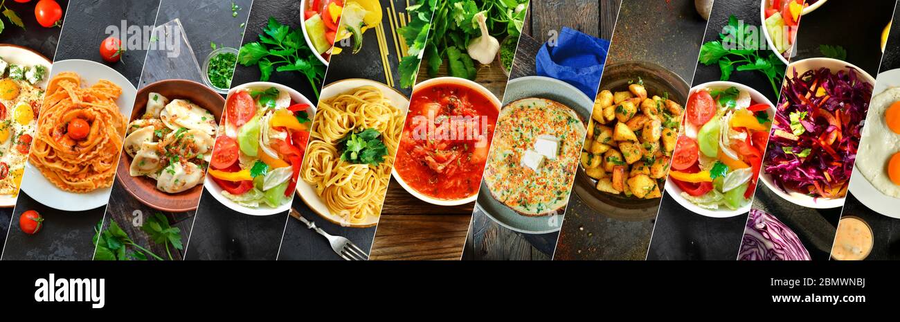 Collage aus verschiedenen Lebensmitteln. Leckeres und gesundes Mittagessen. Essen auf den Tellern, Blick von oben. Eine abwechslungsreiche Speisekarte. Stockfoto