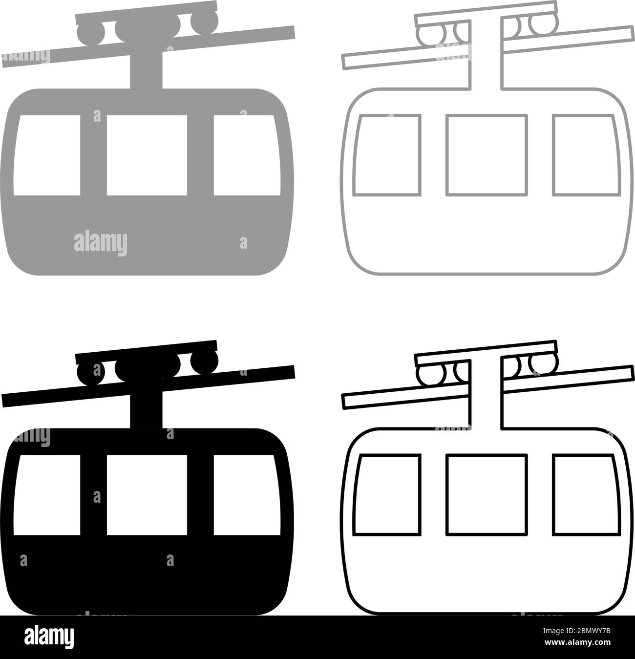 Seilbahn Seilbahn Seilbahn Seilbahn Bergresort Lufttransport Tourismus Seilbahn Reise Kabine Symbol Umriss Set schwarz grau Farbvektor Stock Vektor