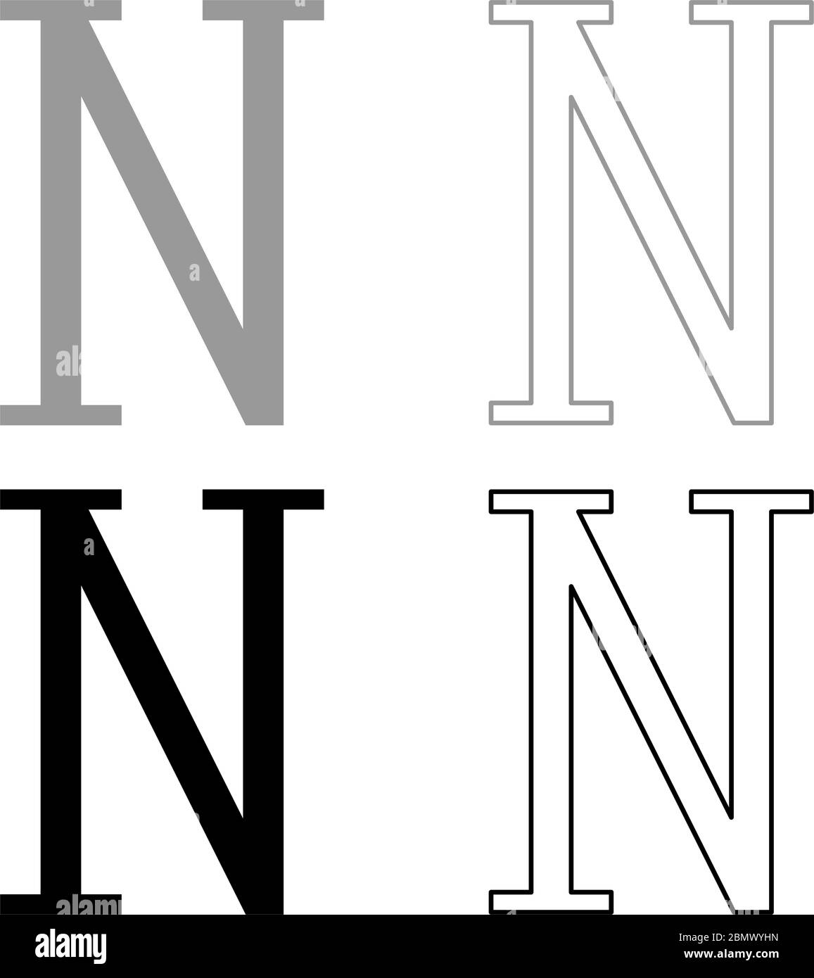 Nu griechisch Symbol Großbuchstaben Großbuchstaben Schrift Symbol Umriss Set schwarz grau Farbe Vektor Illustration flach Stil einfaches Bild Stock Vektor