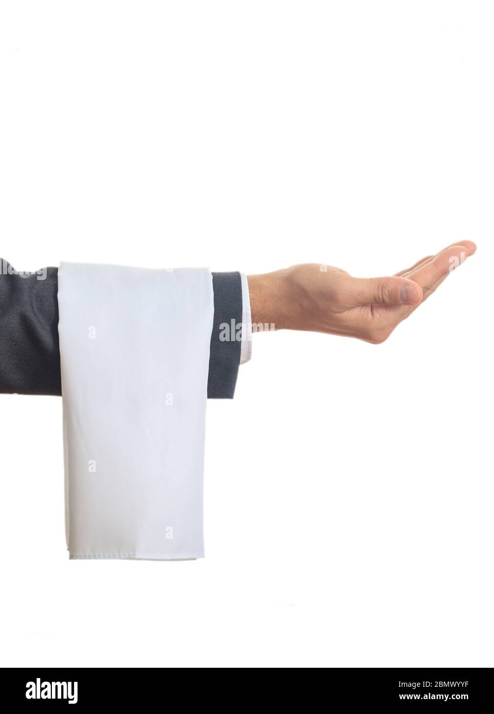 Restaurantkellner mit weißem, leeren Handtuch, das seine leere Handfläche auf weißem Hintergrund isoliert zeigt, Nahaufnahme. Fragen nach dem Tip-Konzept Stockfoto