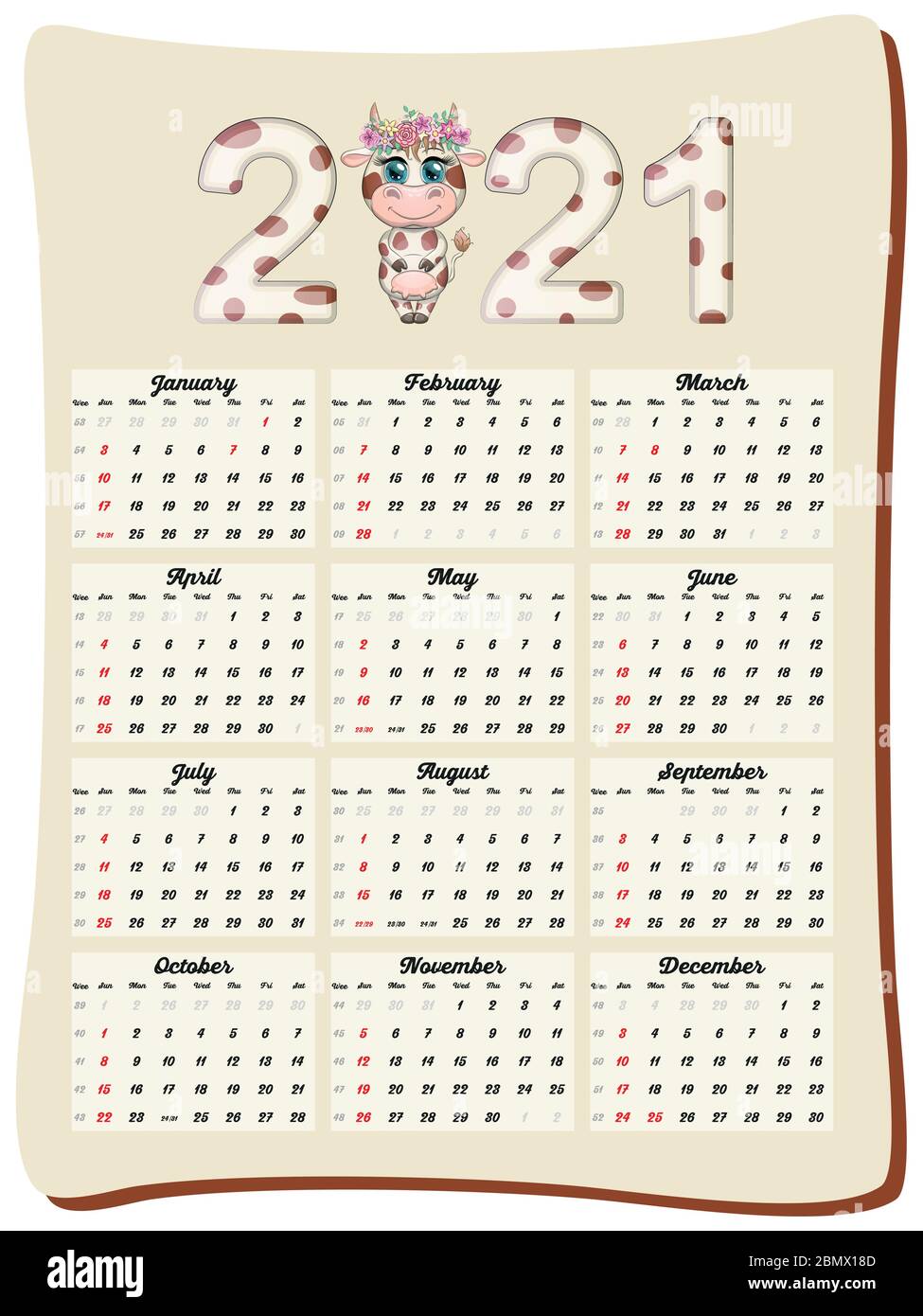 2021 Jahreskalender 12 Monate, Kalendervorlage in vertikaler Ausrichtung mit schöner Aufschrift 2021 mit dem Symbol der Jahreskuh, Stier. Stock Vektor