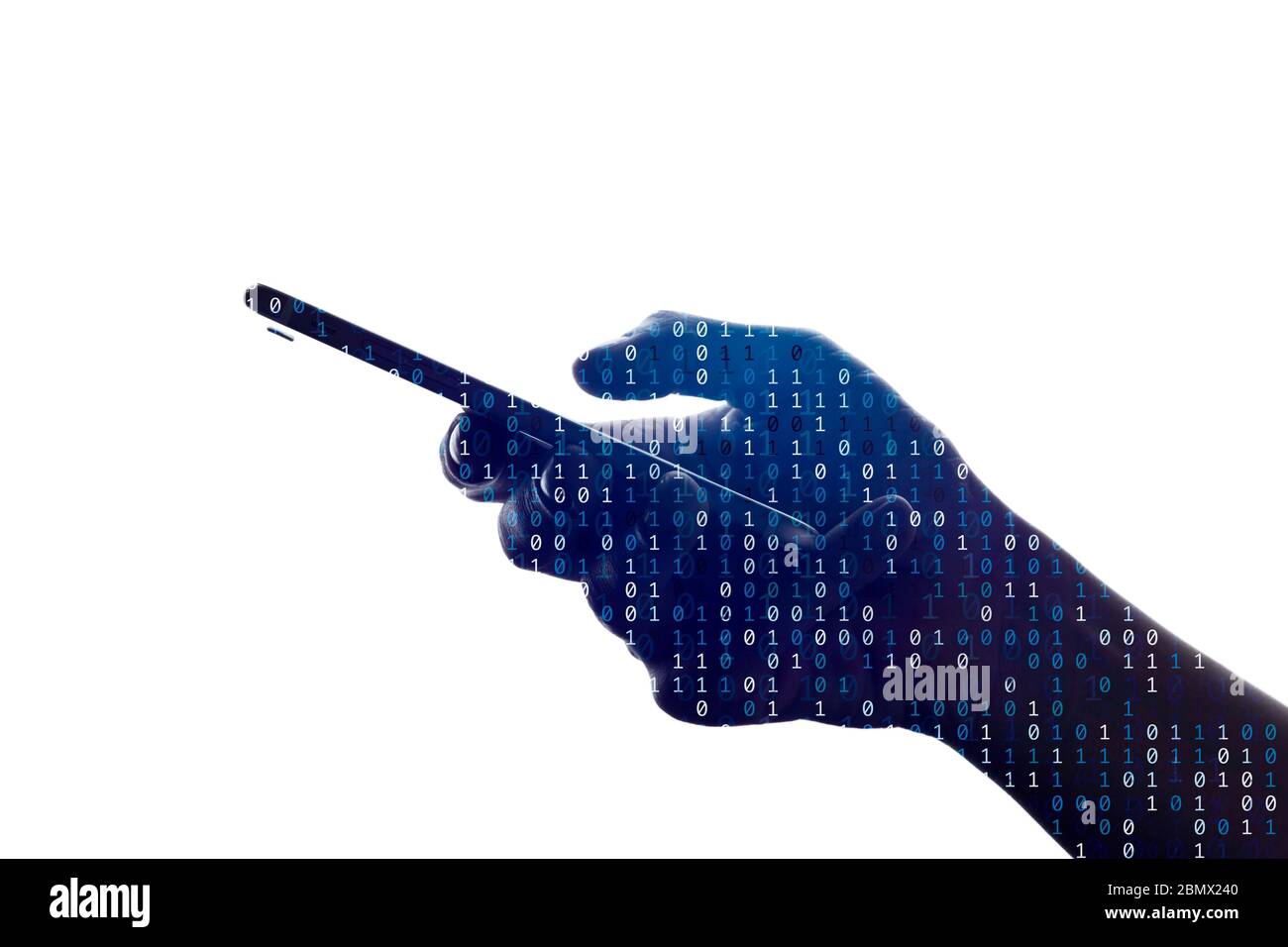 Silhouette einer Hand mit einem Smartphone mit binärem Code Hintergrund Stockfoto