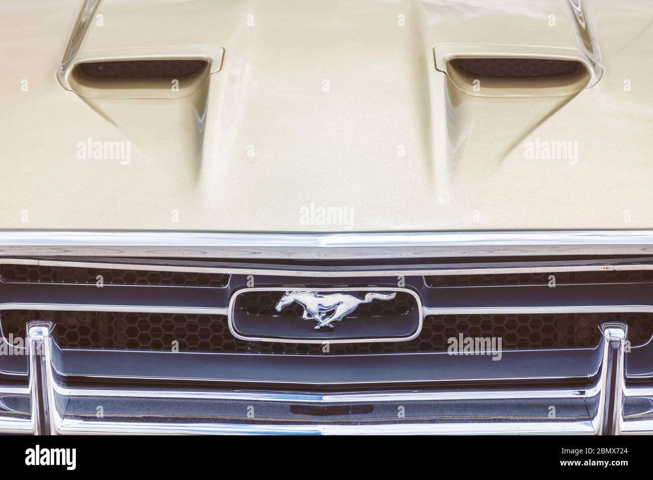 Drempt, Niederlande - 27. März 2020: Nahaufnahme der Front eines amerikanischen Ford Mustang in Drempt, Niederlande Stockfoto