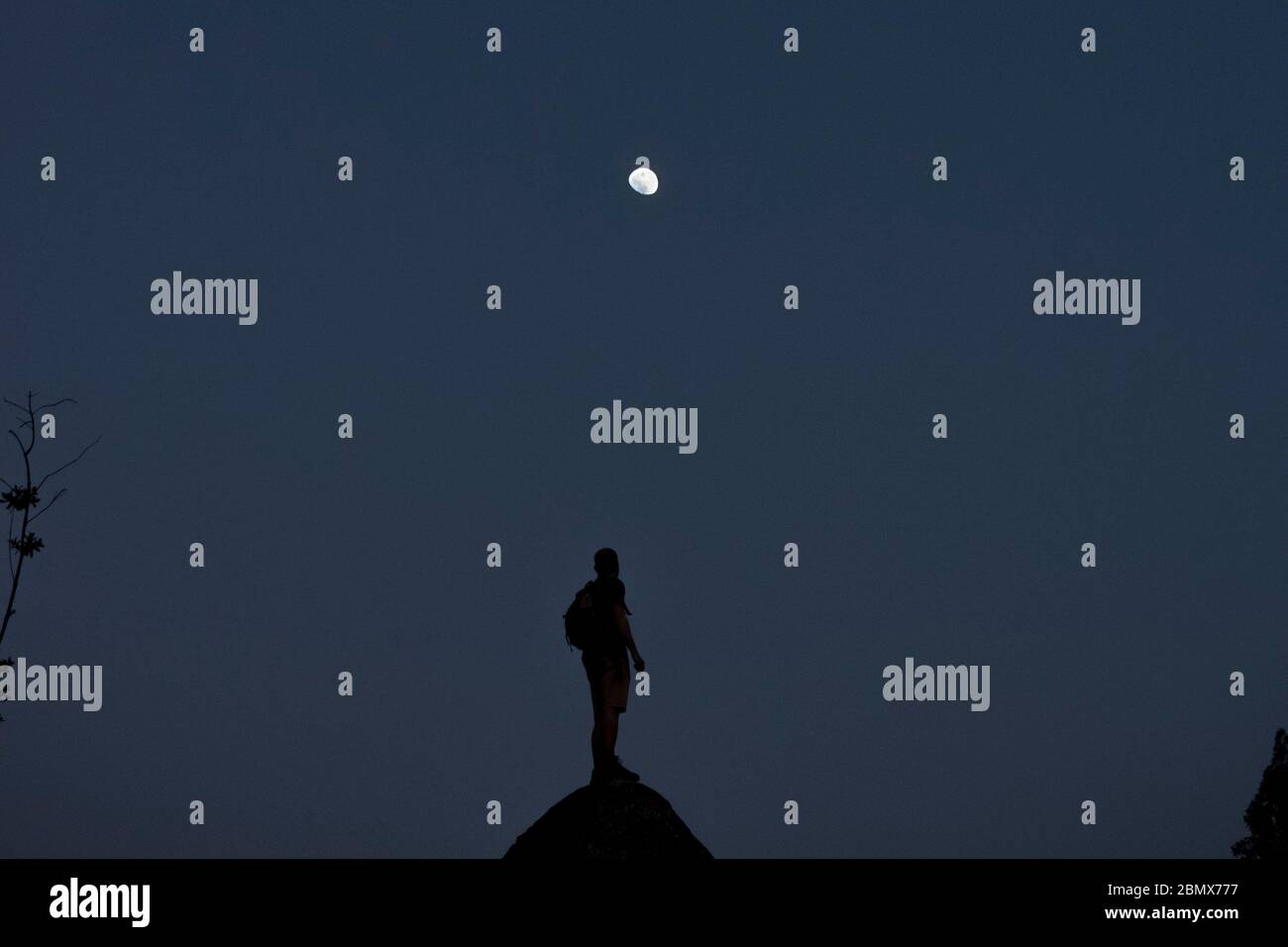 Der Mensch steht auf einem Felsen, der auf einen fast Vollmond blickt, mit dem blauen Nachthimmel als Hintergrund Stockfoto