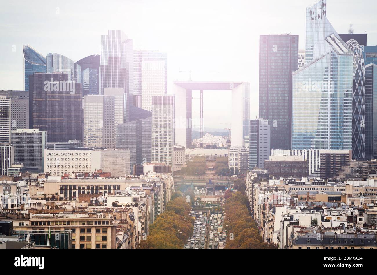 La Defense Paris Business District Panorama vom Arc de Triumph Gebäude und Avenue Blick Stockfoto