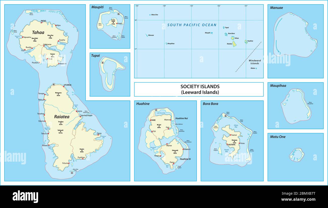 Vektorkarte der Leeward Islands, die zu den französischen Gesellschaftsinseln gehören Stock Vektor