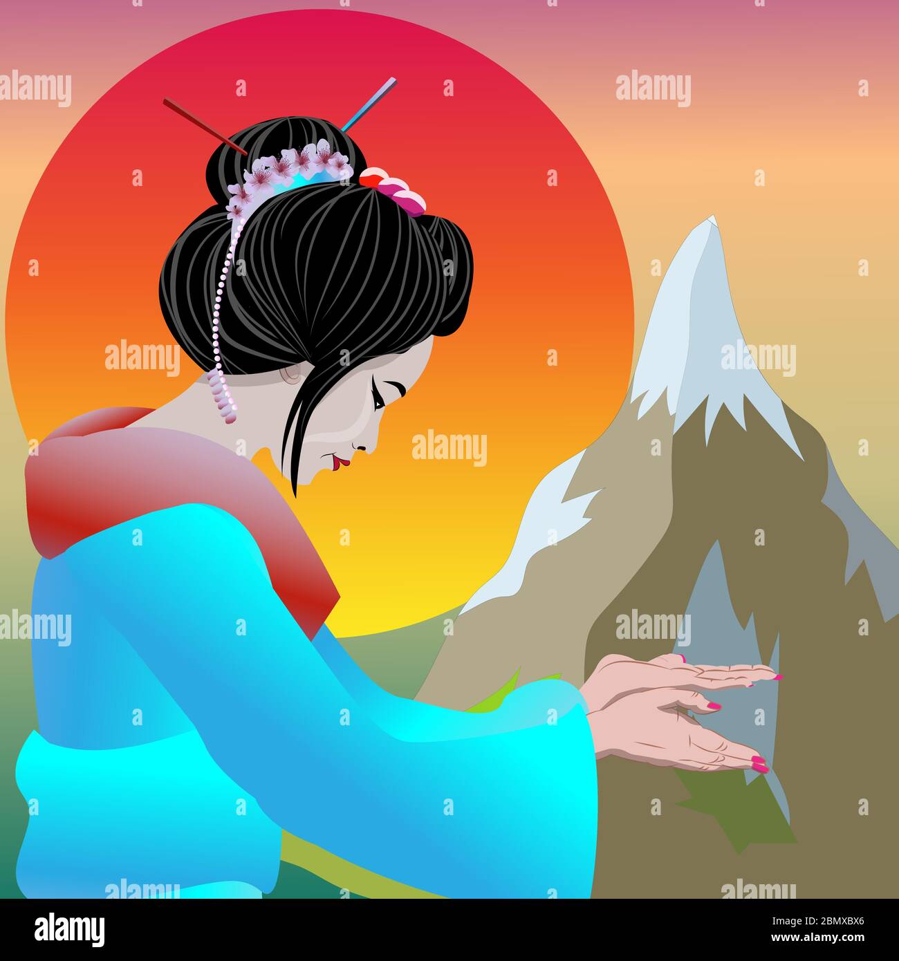 Geisha zeigt mit Händen und lädt ein Willkommen in Japan. Vektor Illustration Poster Geisha und Natur Japan Hintergrund mit Sonnenuntergang und Berg. Stock Vektor