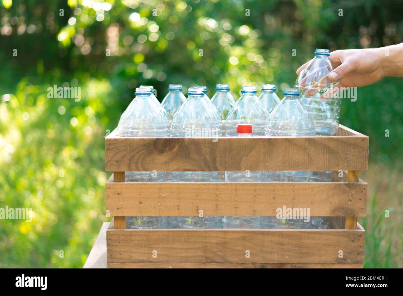 Wiederverwendung von Kunststoffflaschen Recycling-Konzept. Man's Hand, eine Plastikflasche in einer recycelten Holzkiste mit Kunststoff-Wasserflaschen ohne Kappe mit Stockfoto