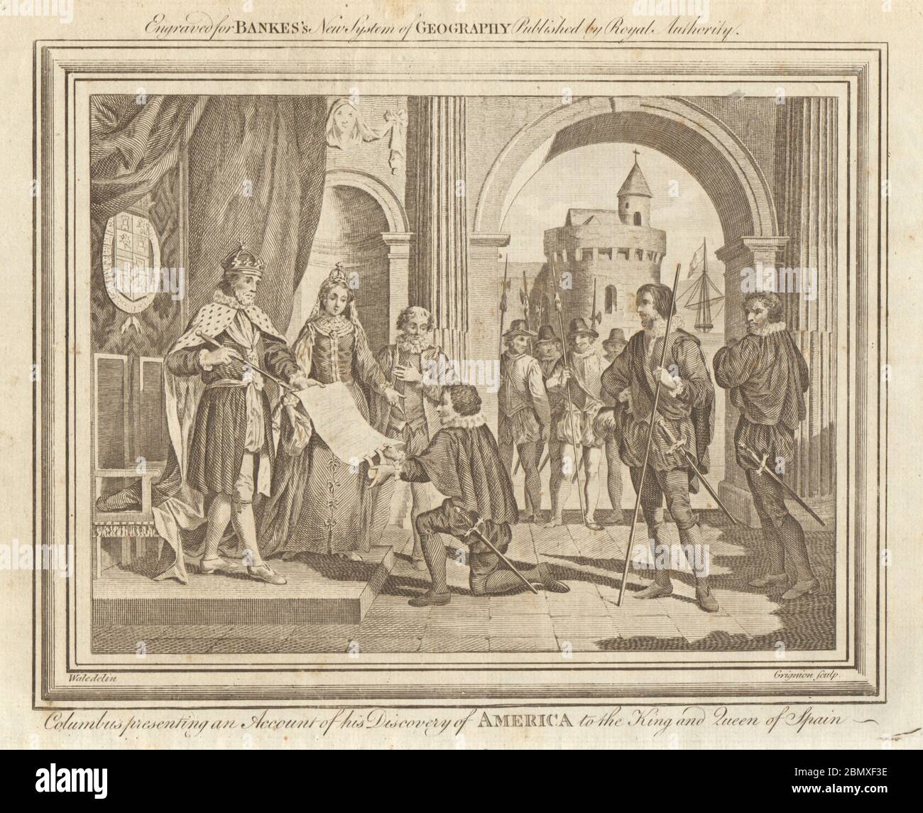Kolumbus beschreibt seine Entdeckung Amerikas dem König von Spanien. BANKES 1789 Stockfoto