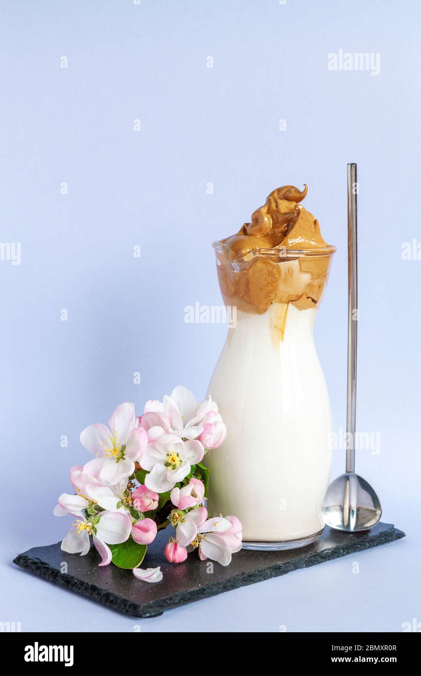 Trendy gepeitschten kalten Dalgona Kaffee im Glas mit Apfelbaumblumen Stockfoto