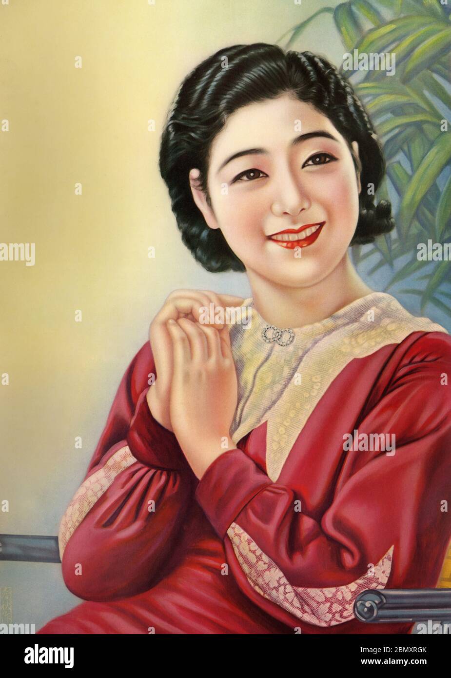 [ 1920er Jahre Japan - Illustration der japanischen Frau in Kleid ] - schöne japanische Frau in einem westlichen Kleid. Dieses Kunstwerk wurde als Plakatmuster (ポスターの原画見本) während der Taisho-Periode (1912-1926) verwendet. Vintage-Poster des 20. Jahrhunderts. Stockfoto