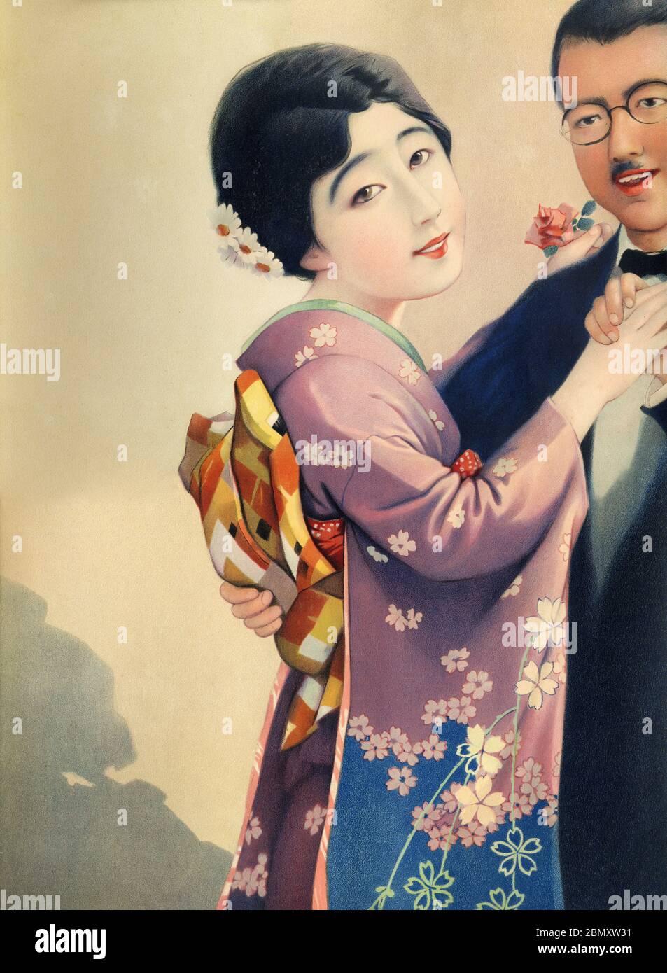 [ 1920er Jahre Japan - Illustration der Japanerin in Kimono ] - schöne Japanerin in Kimono. Dieses Kunstwerk wurde als Plakatmuster (ポスターの原画見本) während der Taisho-Periode (1912-1926) verwendet. Vintage-Poster des 20. Jahrhunderts. Stockfoto
