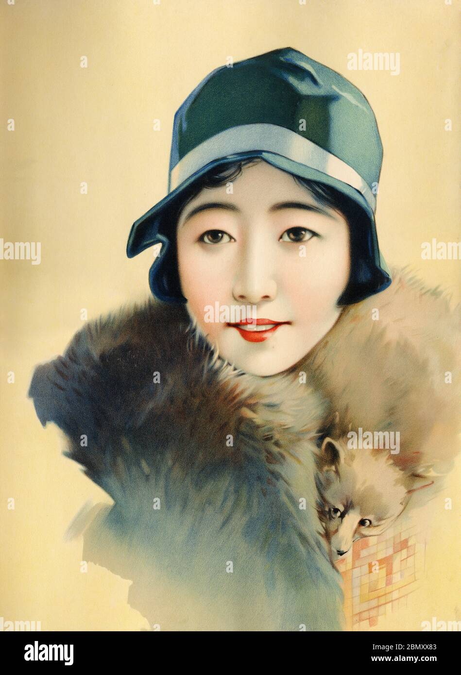 [ 1920er Japan - Illustration der japanischen Frau trägt einen Hut ] - schöne japanische Frau trägt einen Fuchspelz gestohlen. Dieses Kunstwerk wurde als Plakatmuster (ポスターの原画見本) während der Taisho-Periode (1912-1926) verwendet. Vintage-Poster des 20. Jahrhunderts. Stockfoto