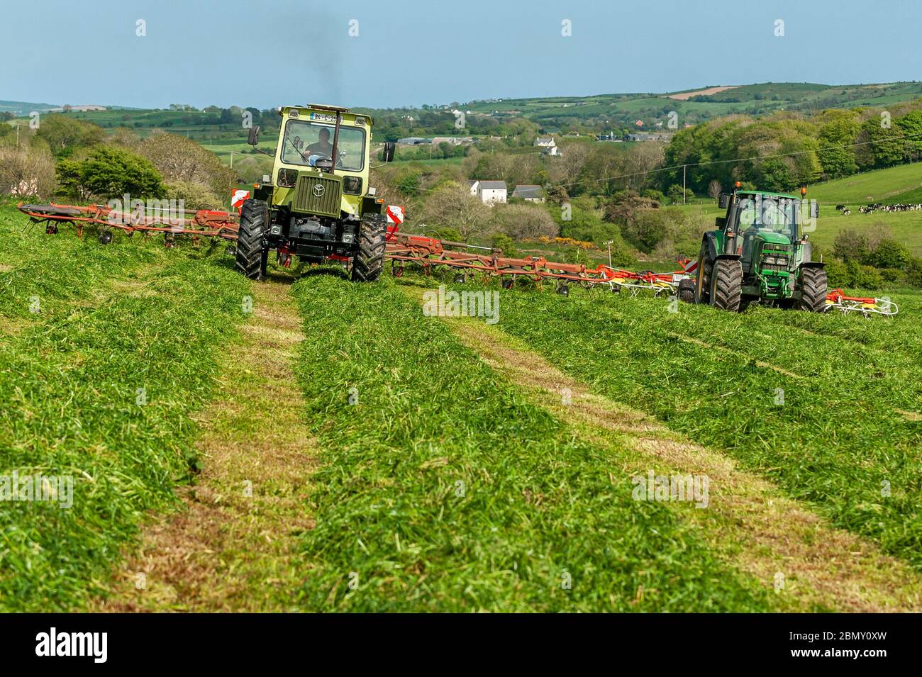Timoleague, West Cork, Irland. Mai 2020. Ein MB Trak 900, angetrieben von David Deasy und John Deere 6620, angetrieben von Kevin Cahalane, mit einem SIP 1100 Tedder und Pottinger 900, lüften Gras für Silage auf der Farm von David Deasy von Timoleague. Das Gras wird morgen gerettet. Credit: AG News/Alamy Live News Stockfoto