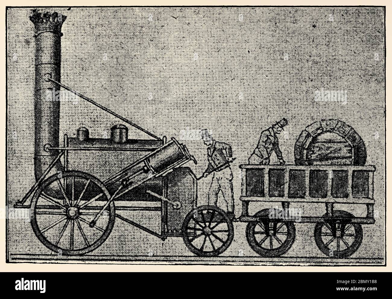 Die erste Dampflokomotive - Rocket wurde von den wegweisenden Eisenbahningenieuren George und Robert Stephenson gebaut. Stockfoto