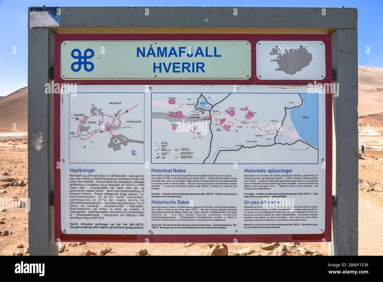 Eine Karte, die das Geothermiefeld Namafjall Hverir im Norden Islands zeigt Stockfoto