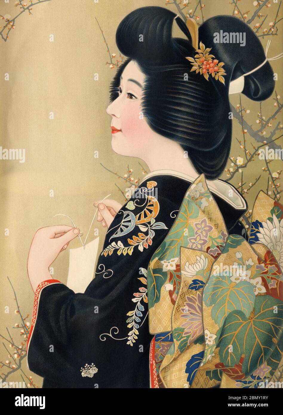 [ 1920er Jahre Japan - Illustration der Japanerin in Kimono ] - schöne Japanerin in Kimono. Dieses Kunstwerk wurde als Plakatmuster (ポスターの原画見本) während der Taisho-Periode (1912-1926) verwendet. Vintage-Poster des 20. Jahrhunderts. Stockfoto