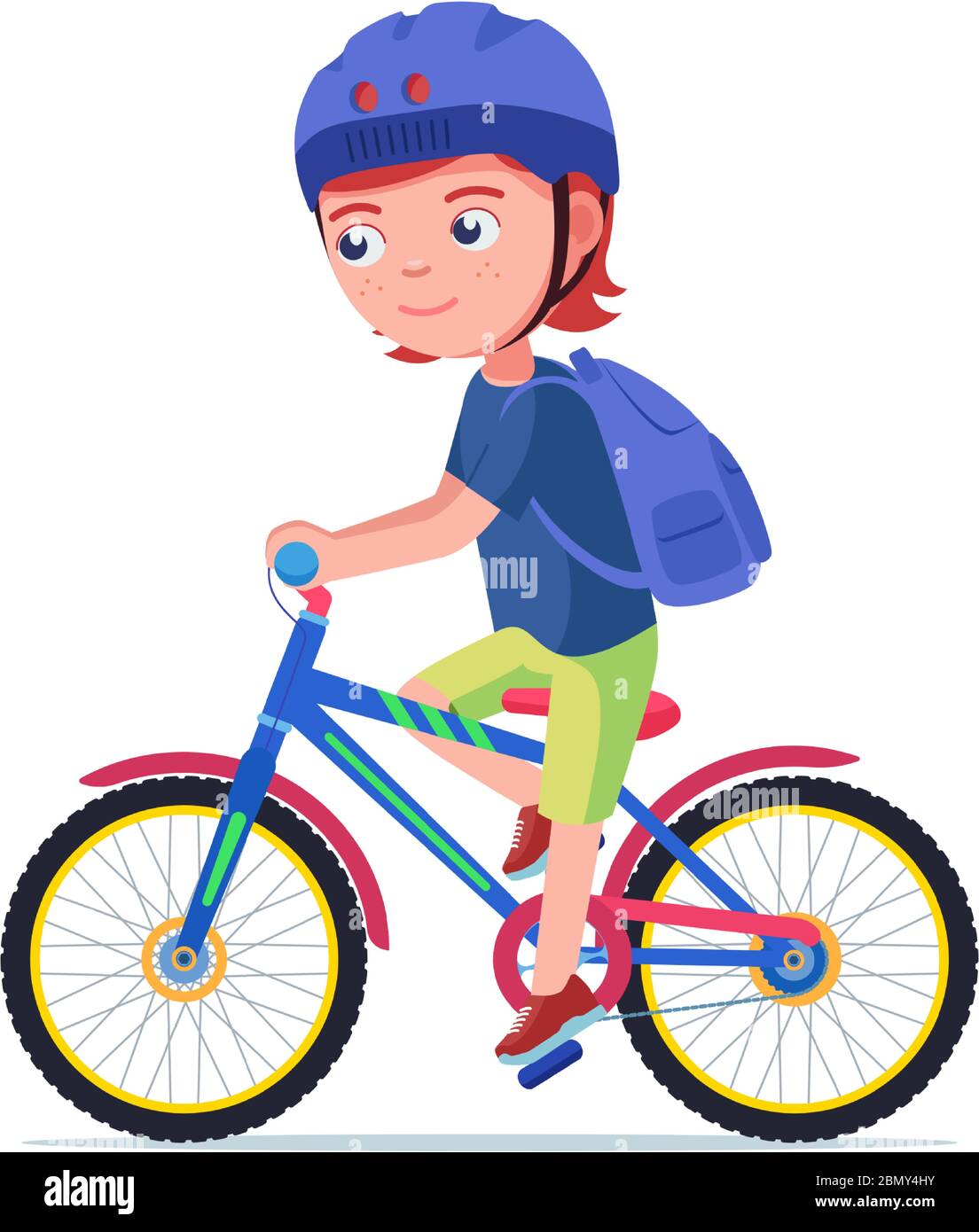 Junge, die Fahrrad fahren. Vektor Illustration Charakter Cartoon kleinen  Jungen Reiten ein Fahrrad in einem Helm und einem Rucksack. Kind im Helm  fhrt ein Fahrrad. Kind Stock-Vektorgrafik - Alamy