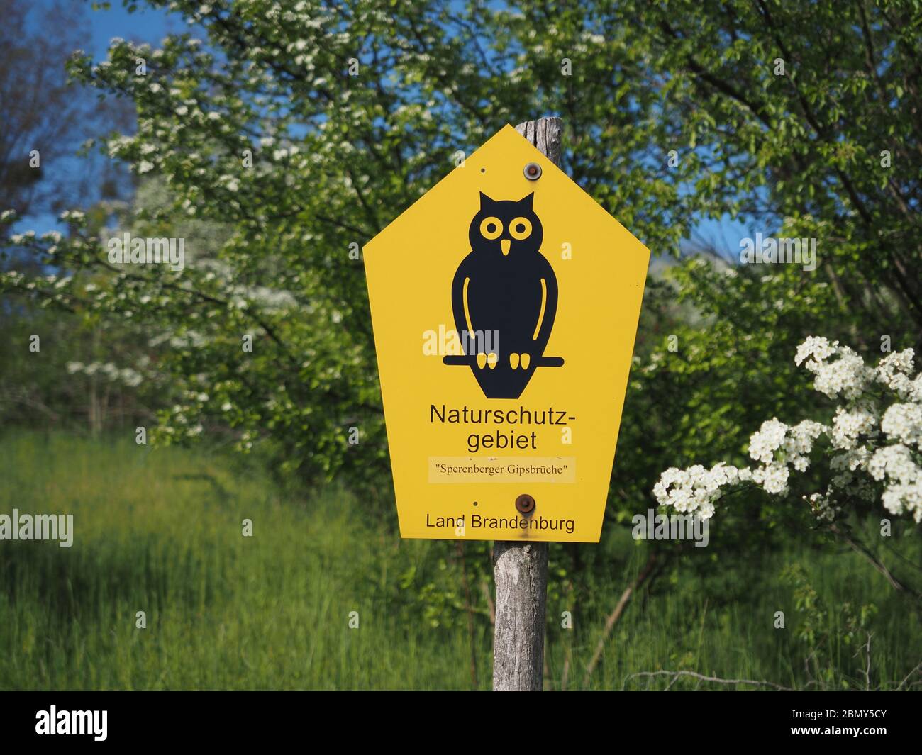 Am Mellensee, Deutschland. Mai 2020. Ein Schild mit einer stilisierten Eule weist auf das Naturschutzgebiet nahe den ehemaligen Sperenberg-Gipsbrüchen hin. Ein Rundwanderweg mit einer Länge von fast drei Kilometern führt am Rande des ehemaligen Gipsbruchs zum Aussichtsturm und mit etwa 80 Metern zum höchsten Punkt der Gegend. Seit dem 12. Jahrhundert und bis 1958 wird in Sperenberg Gips abgebaut, wobei mehrere Seen zurückgelassen werden. Die Steinbrüche sind seit 1998 geschützt. Quelle: Soeren stache/dpa-Zentralbild/ZB/dpa/Alamy Live News Stockfoto