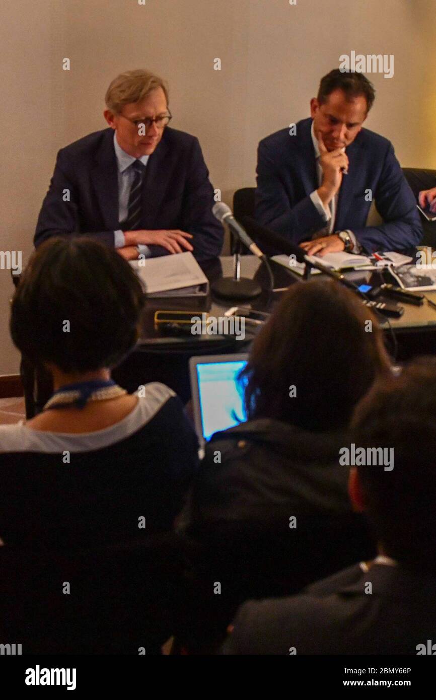 Am 25. September 2018 sprach Brian Hook mit Reportern vor der Generalversammlung der Vereinten Nationen in New York. Die Diskussion konzentrierte sich auf die US-Politik gegenüber dem Iran und die anhaltenden Spannungen in der Region. Stockfoto